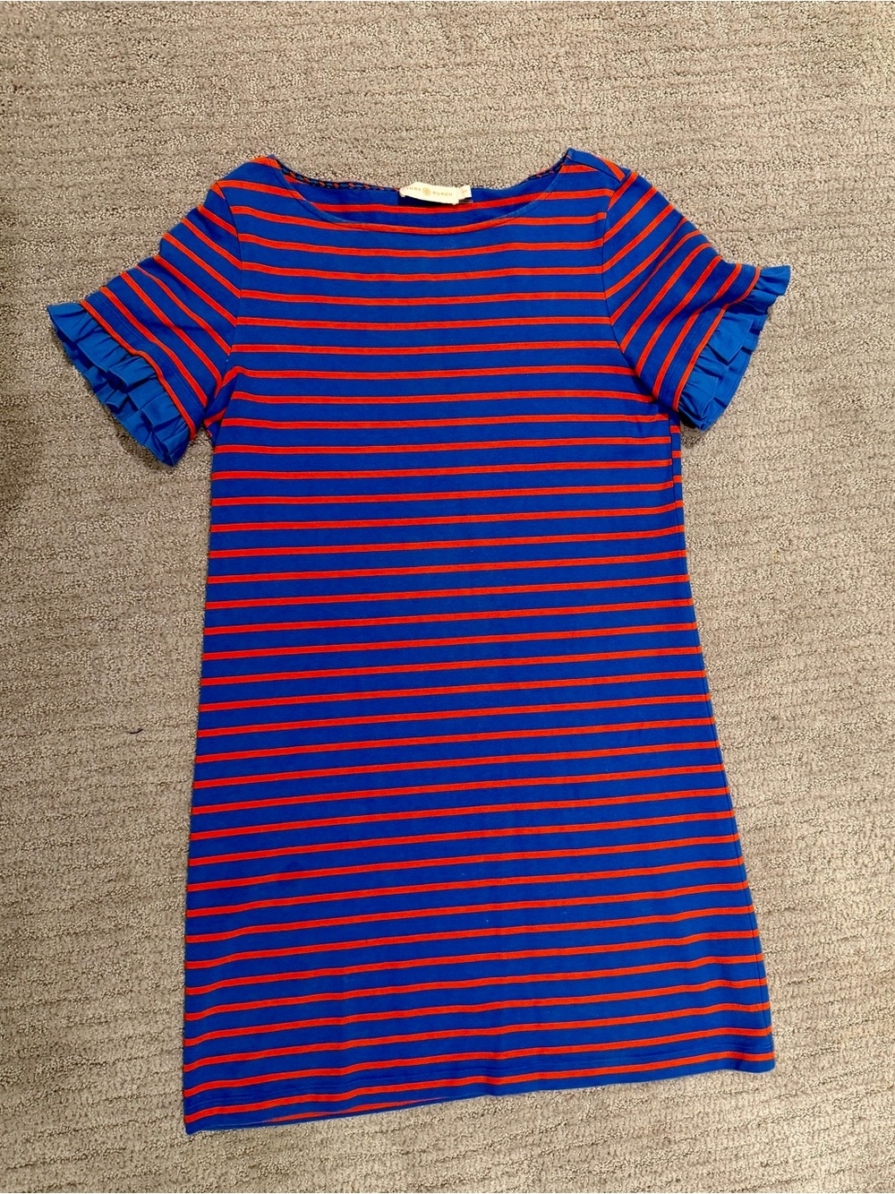 Tory Burch Blue Dress with Red Stripes and Ruffle Sleeves